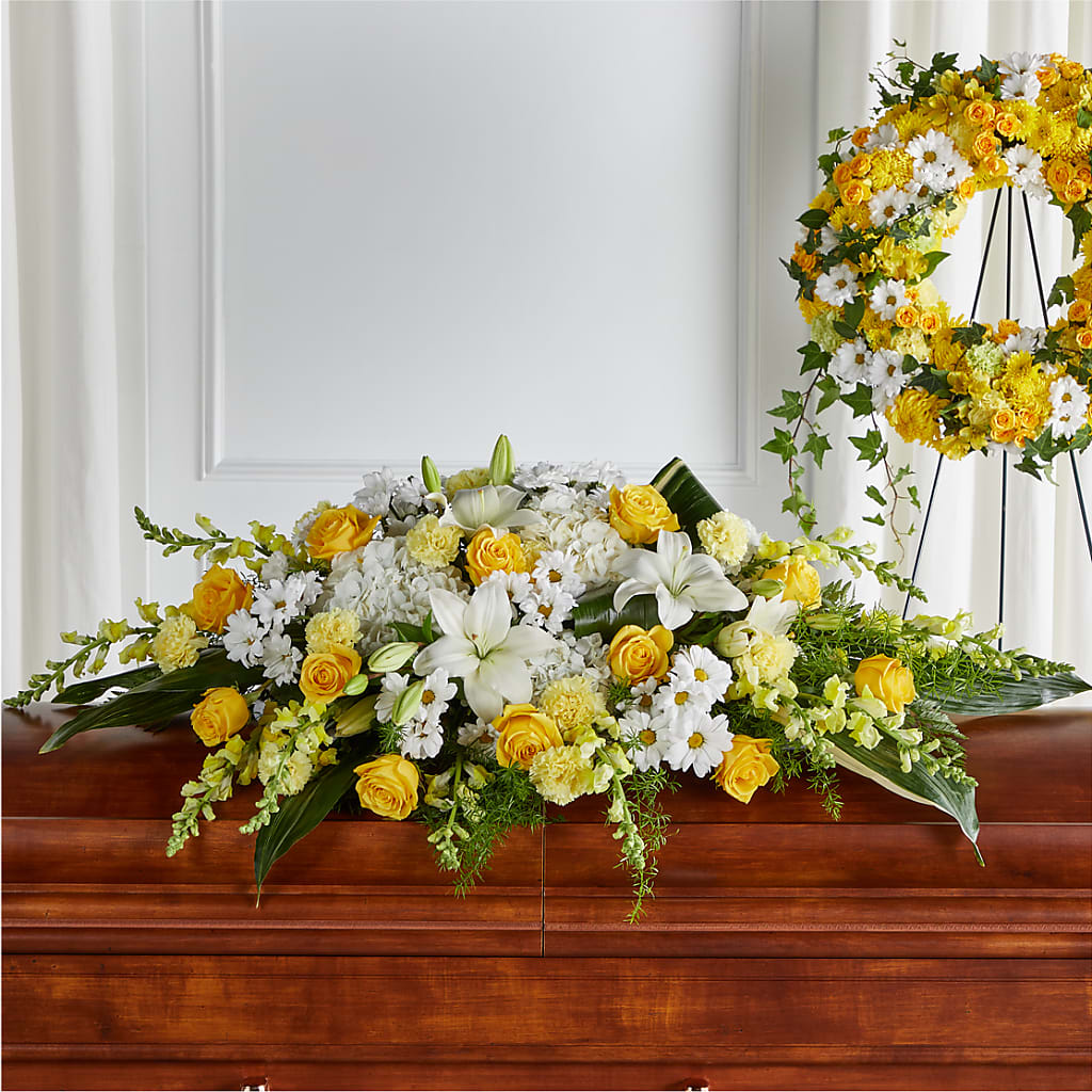 Golden Harmony Casket Spray – LANELLE'S FLORAL DESIGNS, Livonia LA