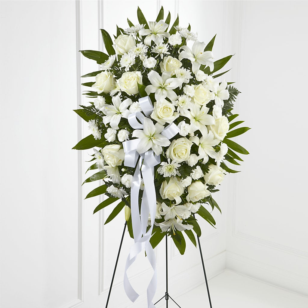 Exquisite Tribute Standing Spray-White Ribbon – LANELLE'S FLORAL DESIGNS, Livonia LA